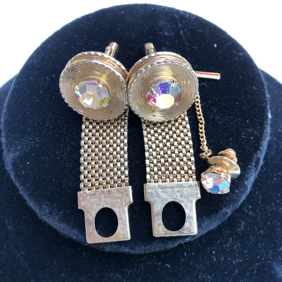 Vintage Gold Mesh Cufflinks Tie Tack Set Rivoli Rhinestones - Picture 5 of 12